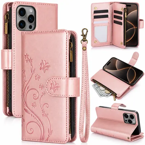ROTUNOE Butterfly Zipper Wallet Cellphone Case - PU Leather Flip Cover with Card Slots, Cash Pocket, Wrist Strap & Kickstand, Phone Accessories Compatible with iPhone 18/17/16/15/14 Pro Max Series