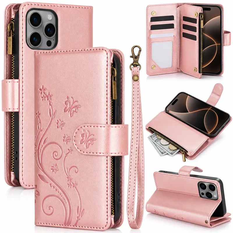 ROTUNOE Butterfly Zipper Wallet Cellphone Case - PU Leather Flip Cover with Card Slots, Cash Pocket, Wrist Strap & Kickstand, Phone Accessories Compatible with iPhone 18/17/16/15/14 Pro Max Series