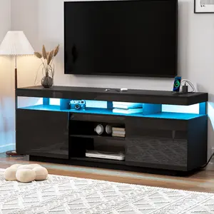 HOMMPA 75 Inch LED TV Stand, Modern Tall Entertainment Center with Power Outlets for Living Room, Bedroom, High Gloss Black TV Console with Storage, Gaming Media Cabinet for 75/70/65/55 Inch TVs