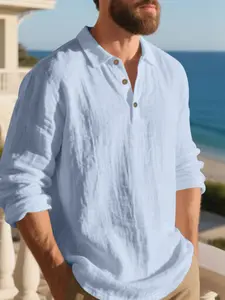 Men's Lightweight Linen Loose Long Sleeve Casual Polo Shirt, Half Zipper Button Design, Breathable Comfort, Ideal for Tropical Beach Outdoor Activities Family Gatherings, Loose Casual Top