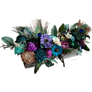 Peacock Theme Wood Flower Centerpiece Box, Mantelpiece Decor, Thanksgiving Table, Mother's Day Flowers, Purple and Teal Wood Flowers