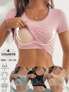 Women's Fitted Short Sleeve T-Shirt with Bra Padding, Seamless Design, Round Neck, Casual Wear, Gym Undershirt, Ideal for Daily Commute and Sports