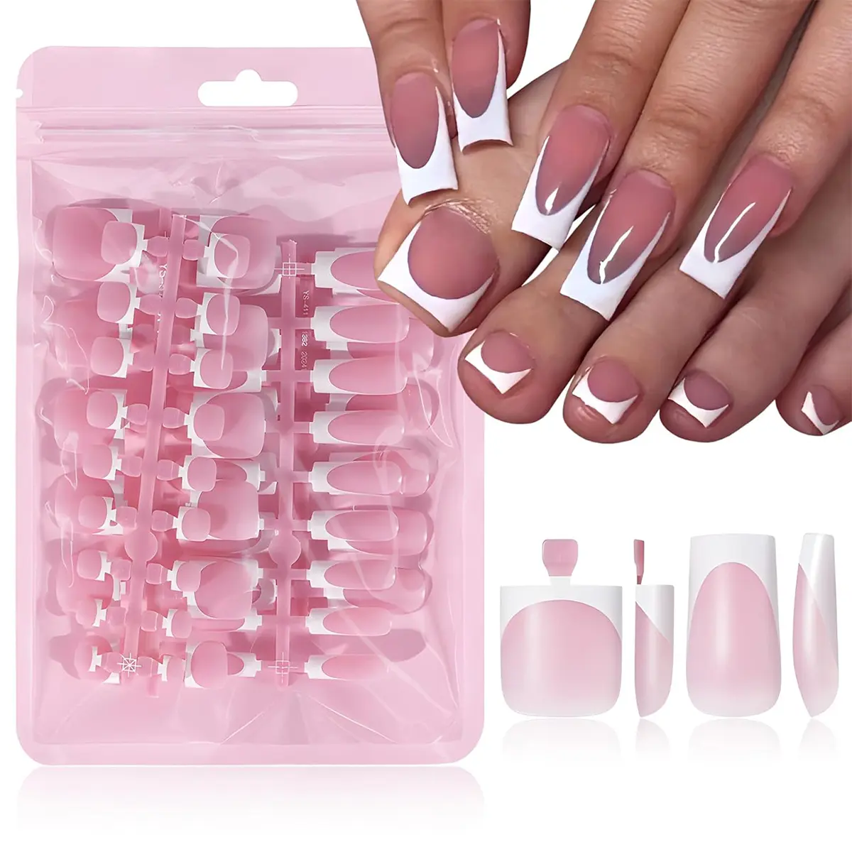 60PCS French Tip Press On Nails Set, White French Style Square Long False Nails for Hands & Toes, High Gloss Full Cover Fake Nails, Easy Application for DIY Manicure & Pedicure