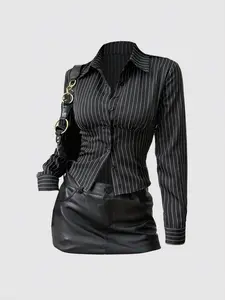 Women's Fashion Button-Up Slim-Fit Striped Collar Long Sleeve Shirt, Spring & Fall Casual Wear, Stylish Women's Blouse, Casual Business Top, Collared Blouse