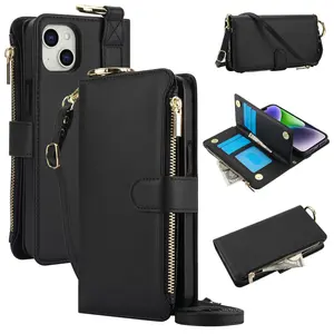 Crossbody card bag, multifunctional wallet, Accessories, flip cover zipper with hanging rope, can be carried by hand, phone case for Apple iPhone 17 Pro Max, 17 Air, 16, 15 Pro Max, 14Plus, 13Pro, 12Pro, 11Pro Max, Anti theft brush card insertable wome