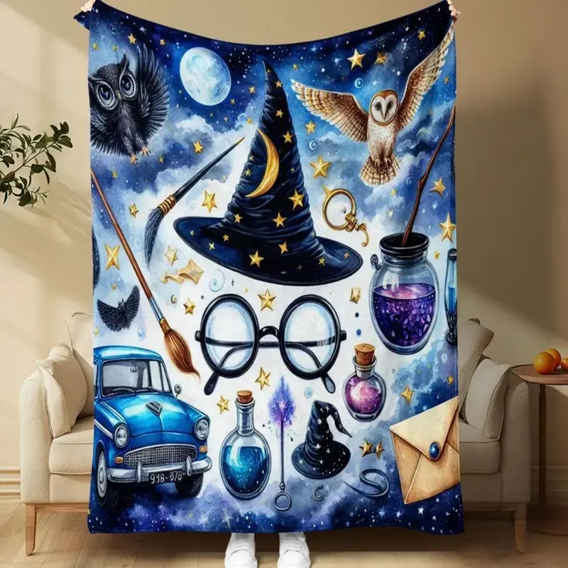 Flannel Throw Blanket, Soft Cute Preppy Wizard-Themed Digital Print, All-Seasons Warm Multipurpose Cozy Blanket for Sofa, Bed, Office Travel Nap