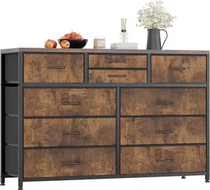 Rustic Brown 47.2-Inch Wide TV Stand Dresser, 10-Fabric-Drawer Entertainment Center Media Console with Wood Top, Ample Storage, Anti-Tip Safety, Adjustable Legs for TVs Up to 55 Inches