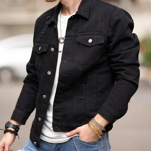 Men's Denim Jacket Streetwear Solid Slim Ripped Distressed  Male Casual Coat Menswear Tops  Long Sleeve Beige Plain  Collared Collar Longsleeves Streetwear Outerwear Casual Fashionable Jacket