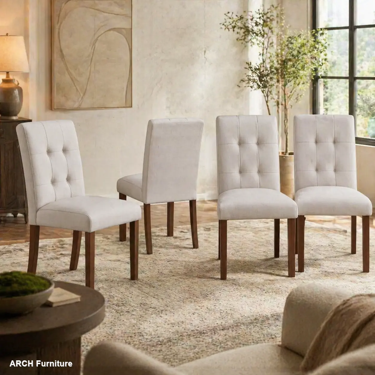 Set of 4 Modern Wooden Dining Armchairs, Beige-Walnut Fabric Kitchen Side Chairs with Back and Wood Legs for Dining Room, Modern Armchair, Anti-Slip Feet