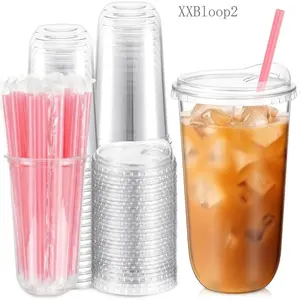 50 Sets Clear Plastic Cups with Heart Shaped Pink Straws and Strawless Lids Disposable Round Bottom Cups for Iced Coffee Cold Beverage Party Wedding Bridal Shower (Clear,20 oz)XXBloop210