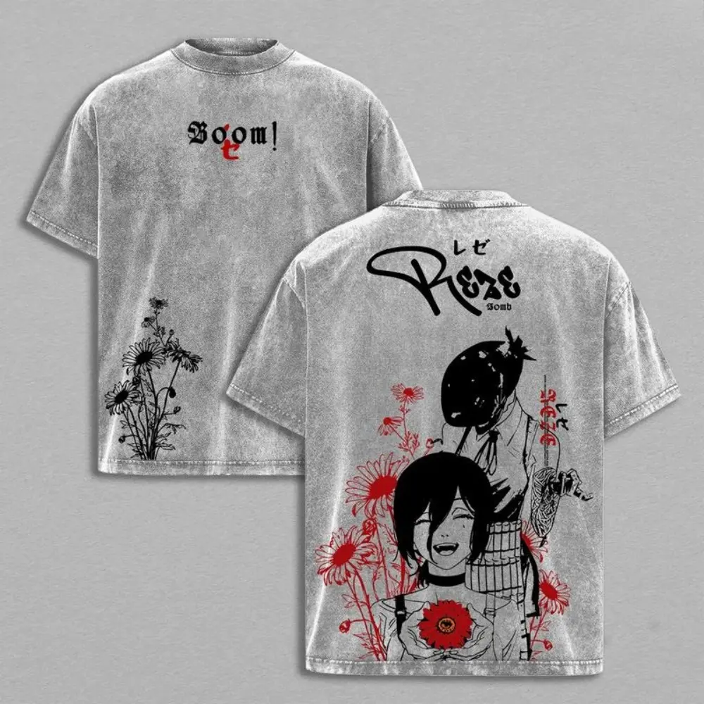 Unisex Chainsaw Man Vintage Washed Oversized Heavy Cotton T-Shirt - Classic Short-Sleeve Menswear Apparel, Movie-Inspired Anime Manga Cosplay Streetwear Graphic Clothes, Tshirt, Shortsleeve, Anime Print, Seamless, Soft, Premium Cotton, Relaxed, Chainsaw M