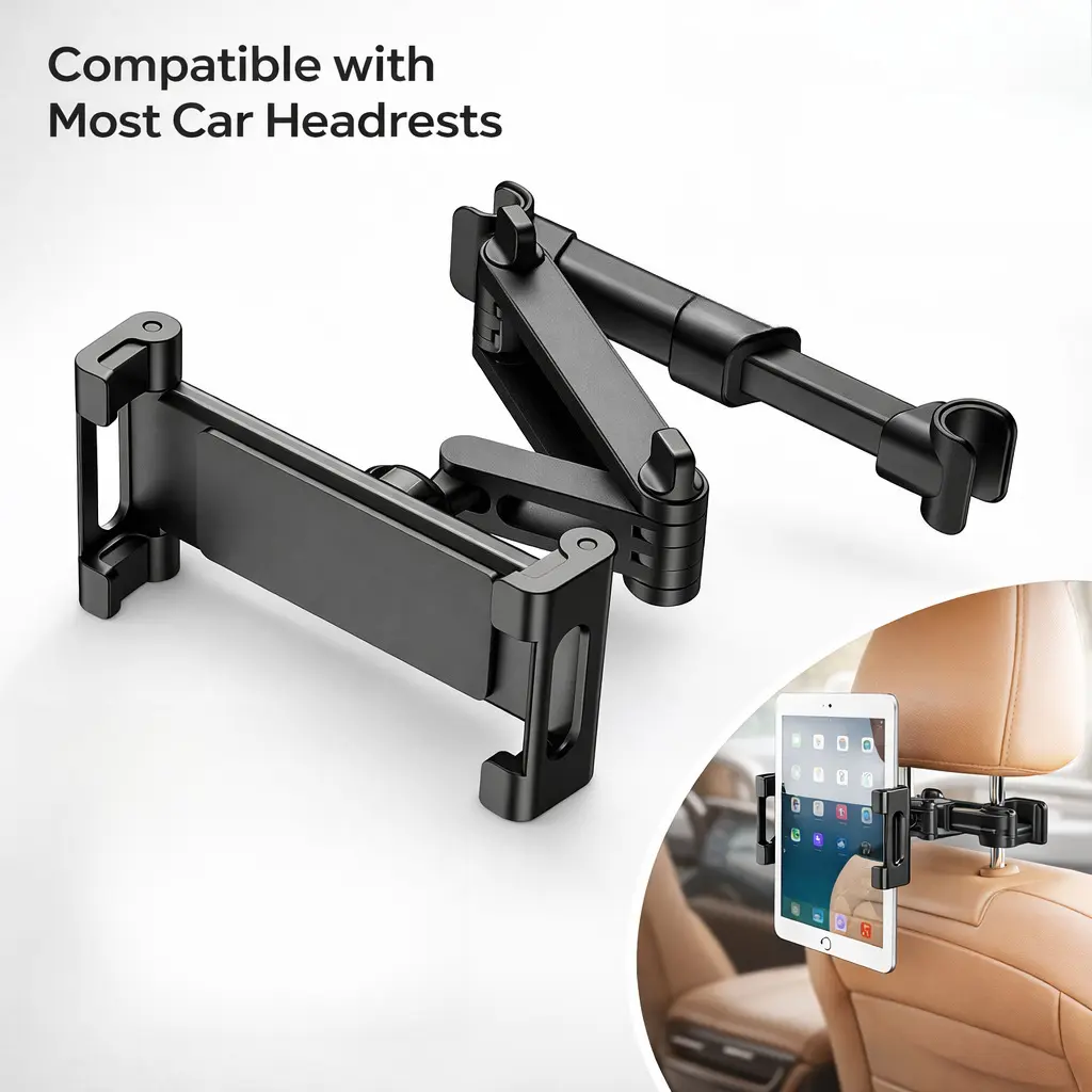 Car Tablet Holder – 360° Adjustable iPad Headrest Mount for 5.3-12.9" Tablets & Phones, Road Trip Essential, Black, Ipad Car Holder Back Seat, Car Phone Stand