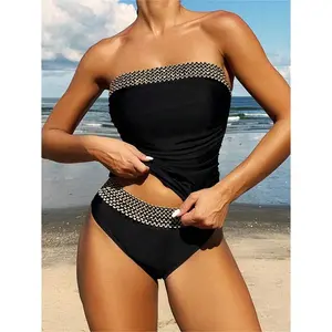 Perfect texture!Two-piece color-blocked swimsuit (black and gold)