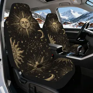 2pcs, Decorative Celestial Sun and Moon Illustrations Pattern Auto Seat Covers, Universal Washable Fabric, Enhances Vehicle Interior with Beautiful Stylish Touch for Driver and Passenger Seats