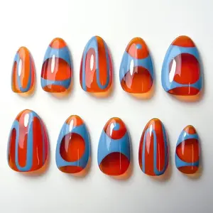 Chic Nail Studio Retro Swirl Press-On Nails, Glossy Blue & Orange Fish Curves, Statement Style, Custom Press-On Nail, Party Look