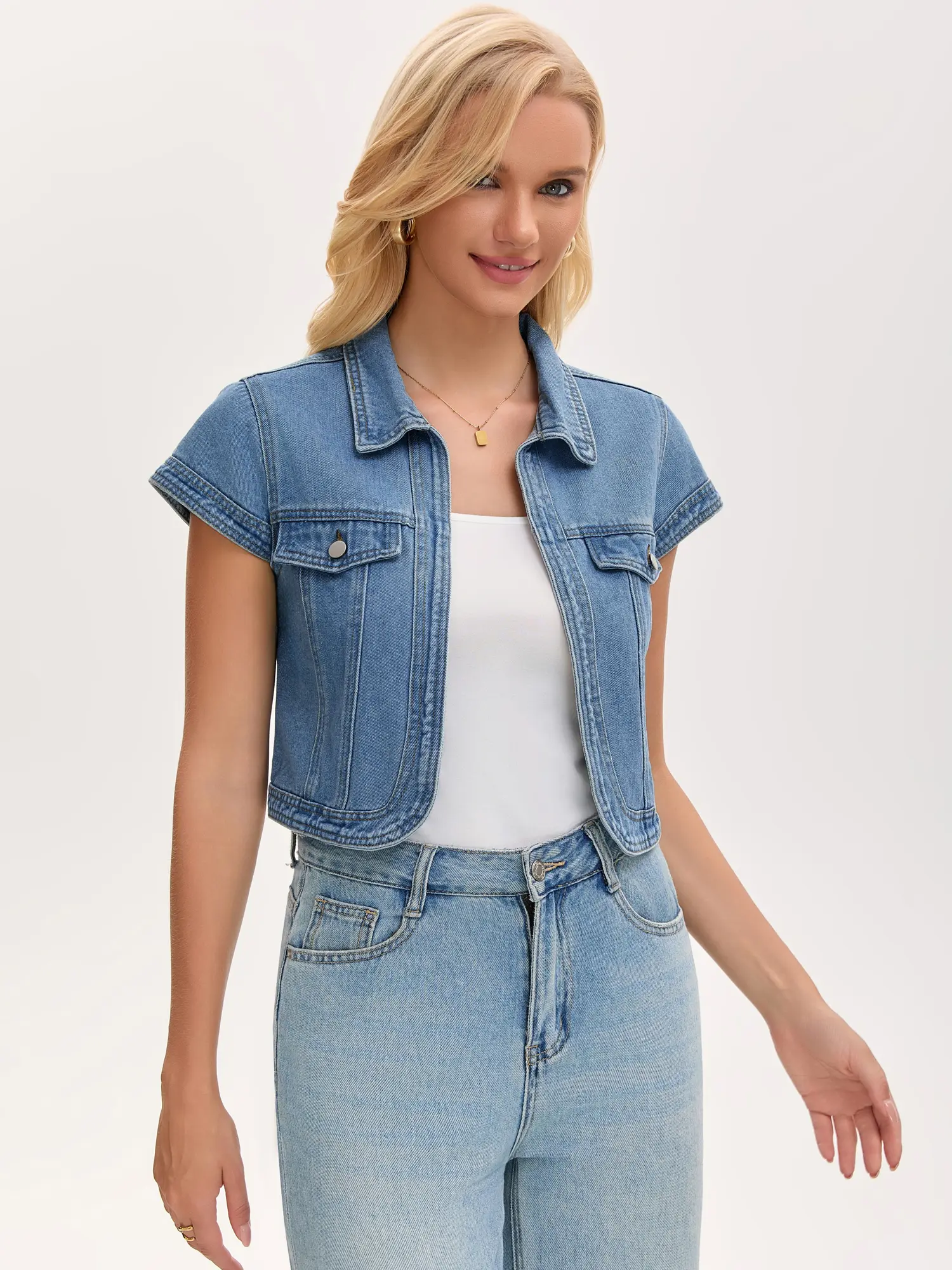 INSPIRE CHIC Women's Cap Sleeve Denim Jackets Shrug Spring Collared Open Front Cropped Jean Jacket