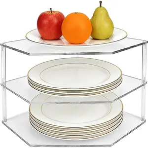 3-Tier Clear Acrylic Corner Shelf for Dishes - Plate Organizer for Cabinet Space Saver, Bowls & Dinner Plates, Kitchen Cabinet Plate Holder & Small Shelf for Bathroom Storage