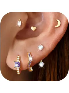 Unique 6 Pairs Colorful Birthstone Cartilage Earrings Exquisite 20G Chic Hypoallergenic Surgical Steel Copper Flat Back Studs for Women Men Huggie Hoops Earring Stacks Delicate Jewelry Set