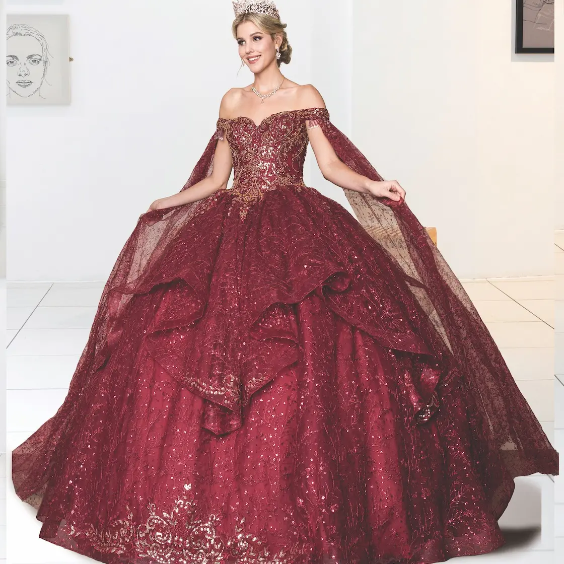 NO.38 Quinceanera Dress, BG/GOLD color BLK/GOLD color BLUSH/GOLD color H. GREEN/GOL color, layers design skirt.