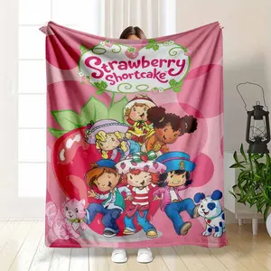 Strawberry Shortcake plush coral fleece blanket delightful cartoon character print super soft lightweight breathable antipilling perfect for kids' rooms family movie nights travel and as a heartwarming gift. summerwins