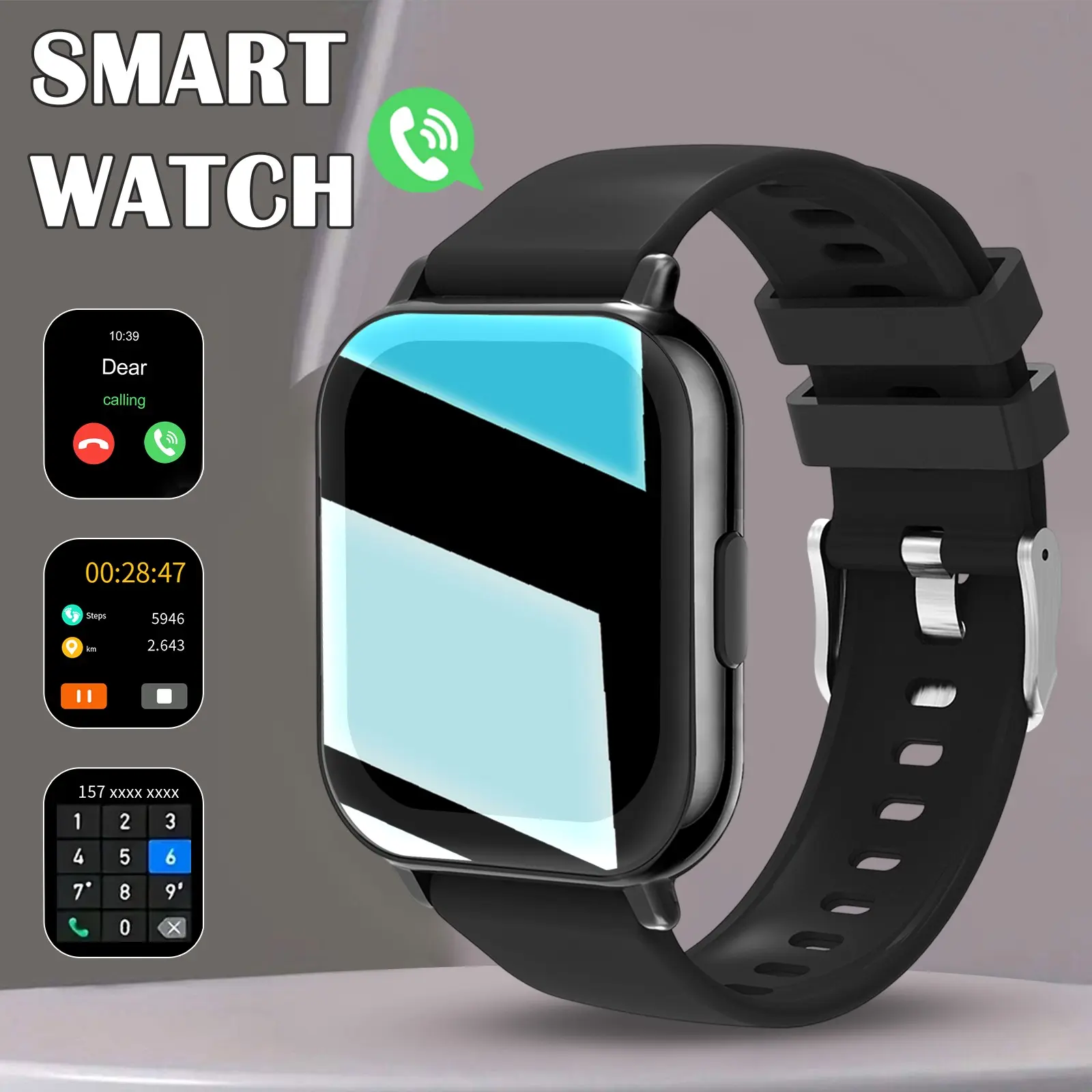Smartwatch with wireless calling/dialing, message notifications, multiple sports modes, music player, pedometer, compatible with Android and iOS, fitness tracker, minimalist design, durable strap, unisex design, Multifunctional smartwatch