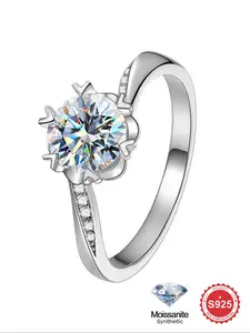 S925 Sterling Silver Synthetic Moissanite Ring, 1ct Classical Six Claws Ring for Women, Eternal Promise Wedding Engagement Ring, Fine Jewelry Anniversary Gift