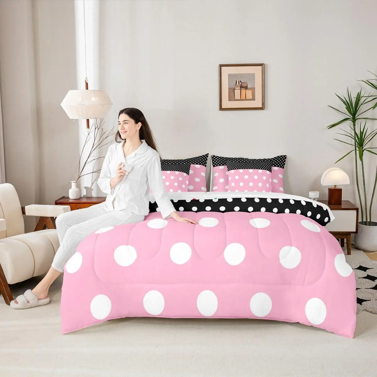 Pink Black Reversible 7 Pieces Comforter Set,Girls Kids Polka Dot Bed Sheet Set,Girly Dreamy Cartoon Themed Bedding Set with Comforter