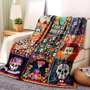 An Antique Mexican Day of the Dead Printed Flannel Blanket  All-Season Use Stain-Resistant and Tear-Resistant Machine Washable, Patchwork Digital Printed Polyester Blanket, Multi-Purpose Soft and Warm, Weight 200-250 Grams