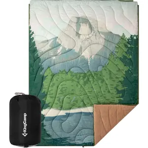 KingCamp Sherpa Lined 2-in-1 Outdoor Blanket - Large Packable Down-Alternative Puffy Printed Wearable, Weatherproof Quilt with Snap Buttons for Cabin Travel (79" L x 57" W, Green), Sherpa Blankets, Outdoor Blankets