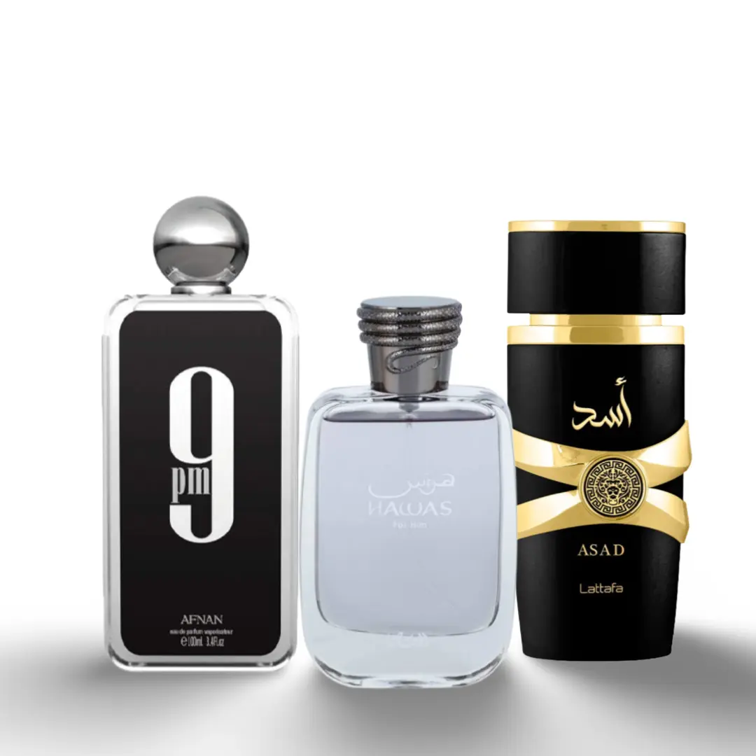 Lattafa Unisex Fragrance Bundle Gift Pack - Lattafa Asad, Rasasi Hawas, 9PM By Afnan EDPs, Aromatic Long-Lasting Day Fragrance with Fruit Notes, Fragrance Long Lasting