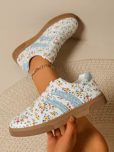 Women's Casual Patchwork Ditsy Floral Sneakers, Trainer, Round Toe Low Top PU Leather Shoes, Comfortable Rubber Sole, All Seasons Fashion Footwear, Thick Soled Trainers