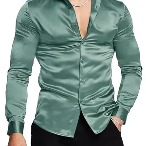 Zhengyu'Shop Luxury Silk-Like Satin Dress Shirt - Shiny, Long Sleeve, Casual, Slim Fit, Muscle, Button-Up, High-Quality Fabric, Stylish, Comfortable, Versatile - Perfect for Formal and Informal Occasions