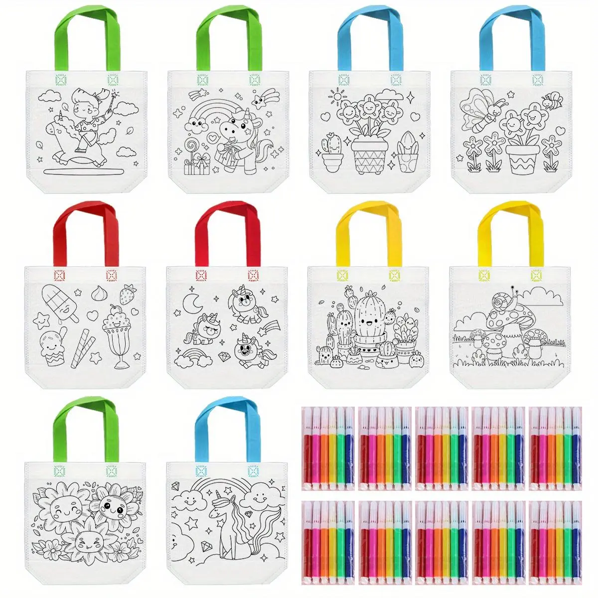 DIY Graffiti Painting Gift Bag, 20pcs/set Including 10 Random Color Bags and 10 Sets of Pens, Cute and Charming Art Gift Bag for Party, Handicraft Activity, DIY Painting Supplies, Painting Accessories Kit