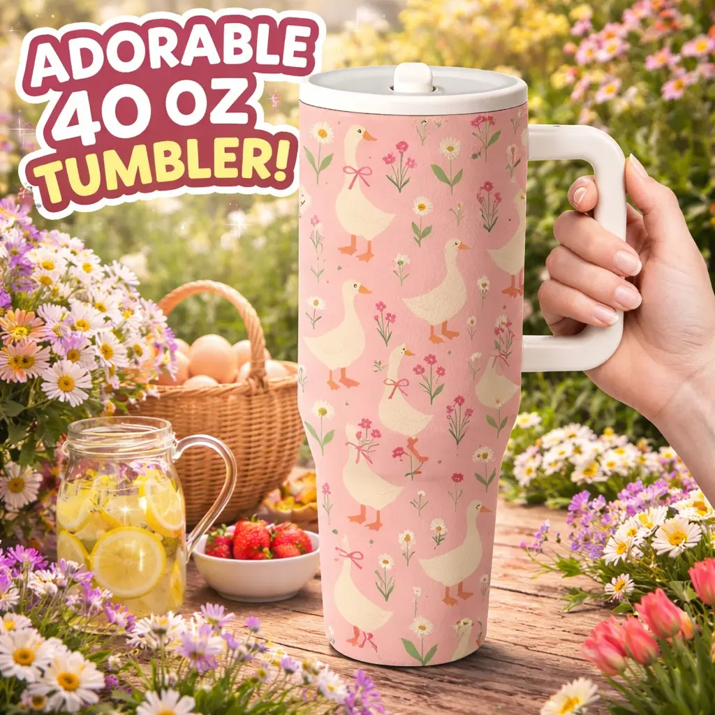 AuraCup 1pc 40oz Insulated Tumbler with Handle and Lid, Cute Duck Floral Pattern Stainless Steel Travel Mug, Pastel Farm Style Large Capacity Vacuum Cup for Coffee Water Tea, Keeps Cold 12 Hours Hot 6 Hours, Aesthetic Gift for Home Office Outdoor Use, Val