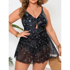 Plus Size Celestial Print 2-in-1 Swim Dress - Keyhole One-Piece with Mesh Skirt#PlusSizeSwimwear#SwimDress#CelestialSwim#KeyholeSwimsuit#TummyControlSwim#MeshSwimwear,summervibes outdoorfun