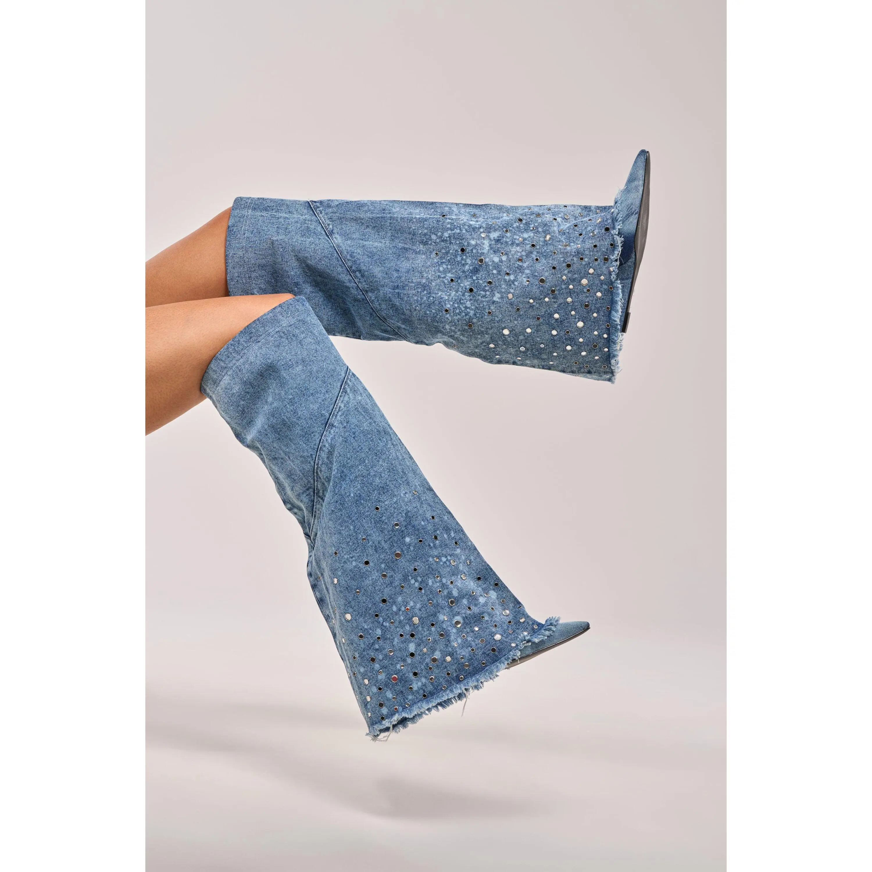 AKIRA WHYNOT DENIM RHINESTONE EMBELLISHED WEDGE BOOT