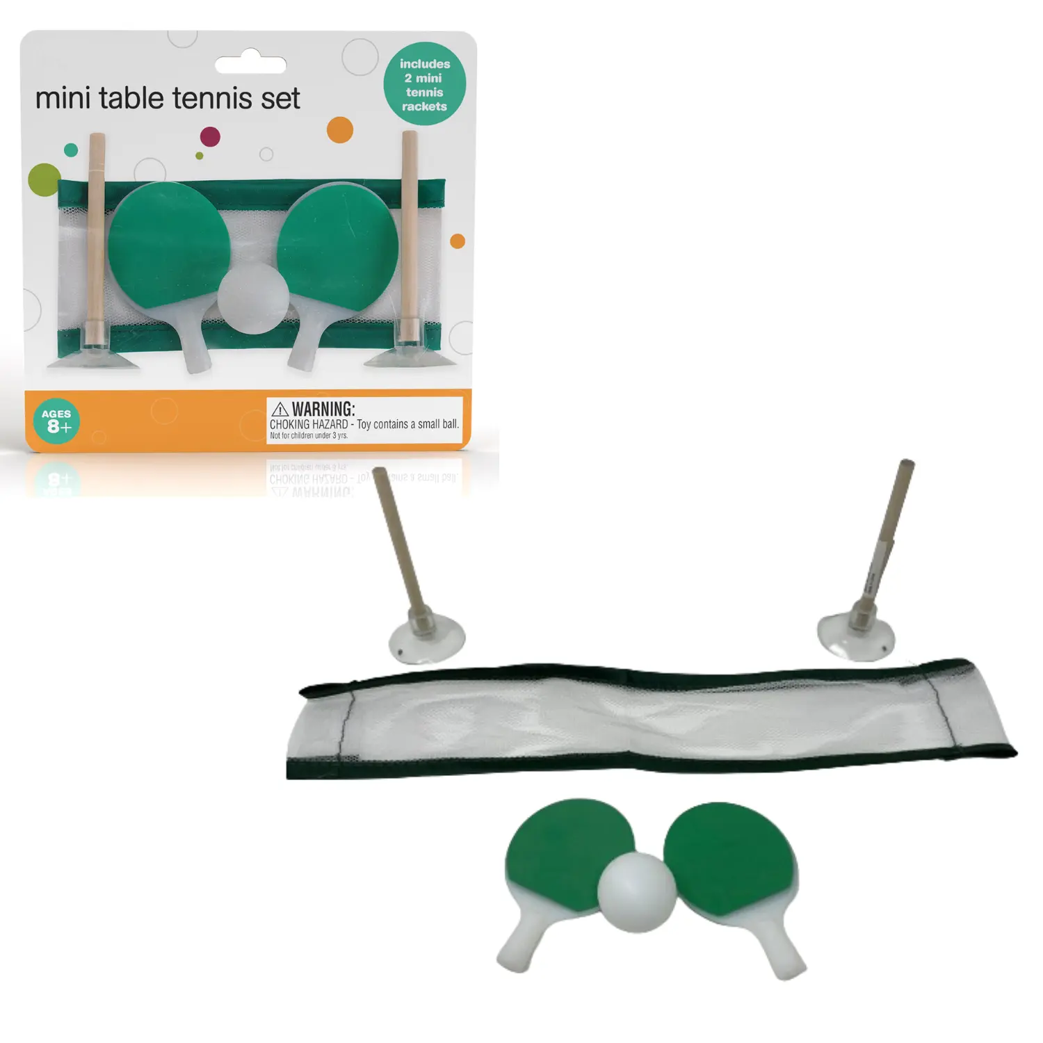 Compact Desktop Table Tennis Set with Wooden Posts, Portable Ping Pong Game for All Ages, Includes 2 Lightweight Mini Sports Rackets & Ball, Table Tennis Racket, Quick To Set Up, Stable, No-Slip Setup, Parties, Dorms, Fun-Sized Set