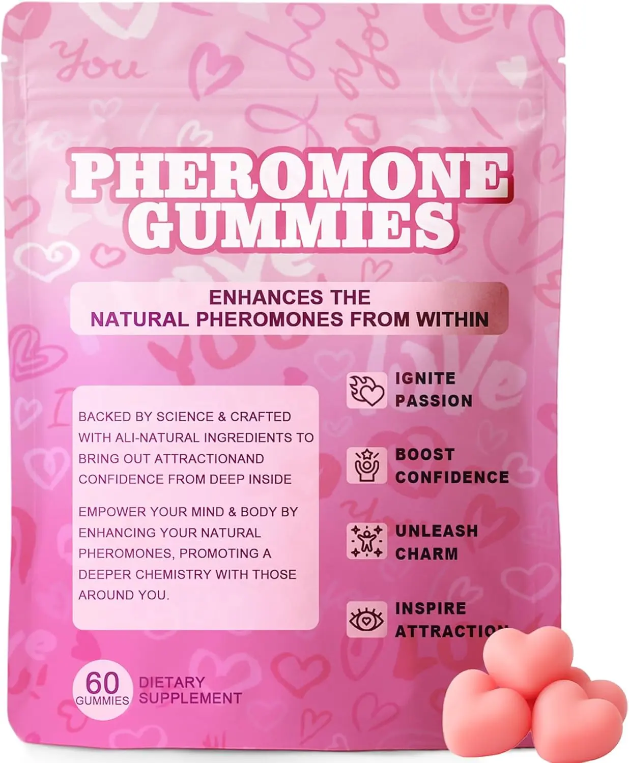 Pheromone Gummies for Women, with Slippery Elm- Enhance Your Confidence & Attraction - Natural Hormone Balance & Body Odor Support, Non-GMO,Gluten-Free,Strawberry Flavor– 60 Vegan Gummies Supplement