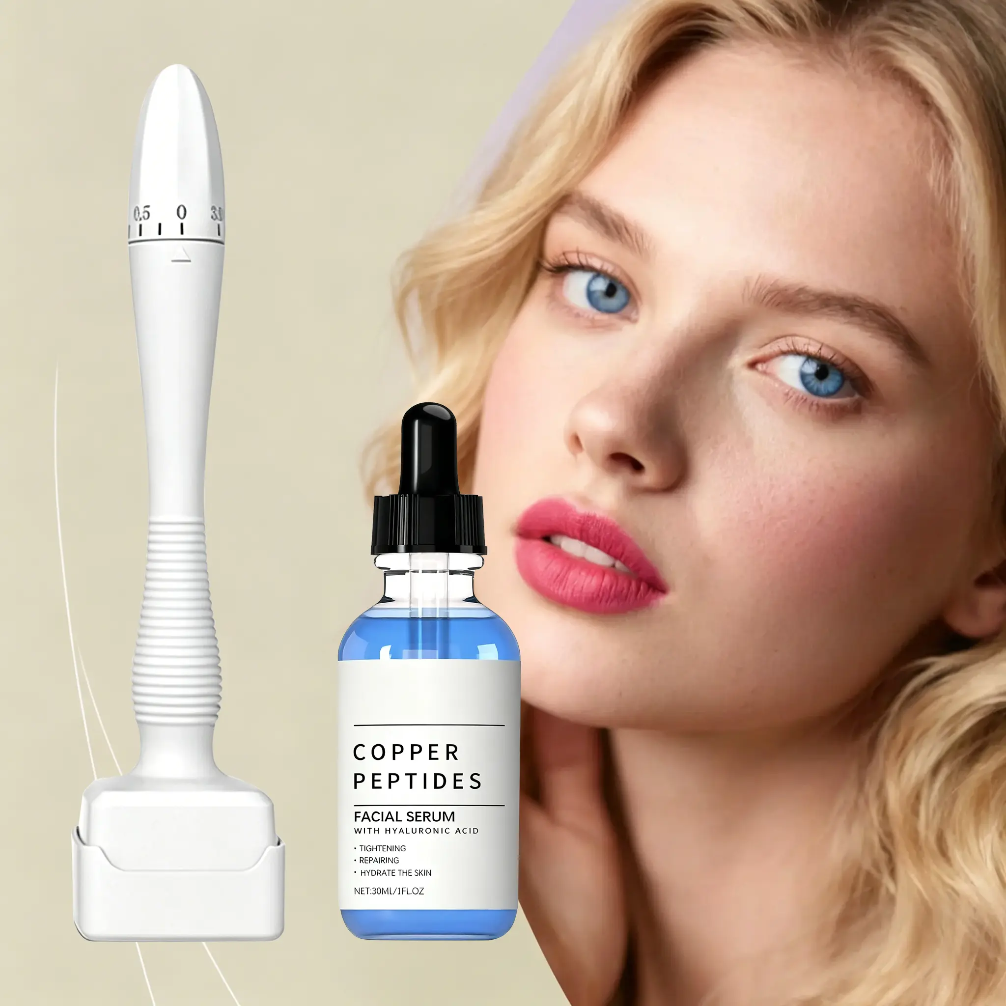 Titanium Skin Beauty Tool & 0.25mm GHK-Cu Copper Peptide Serum Set - 30ml Fragrance-Free, Lightweight Hydrating Formula with Hyaluronic Acid for Men’s Face, Beard Care & Smooth Complexion