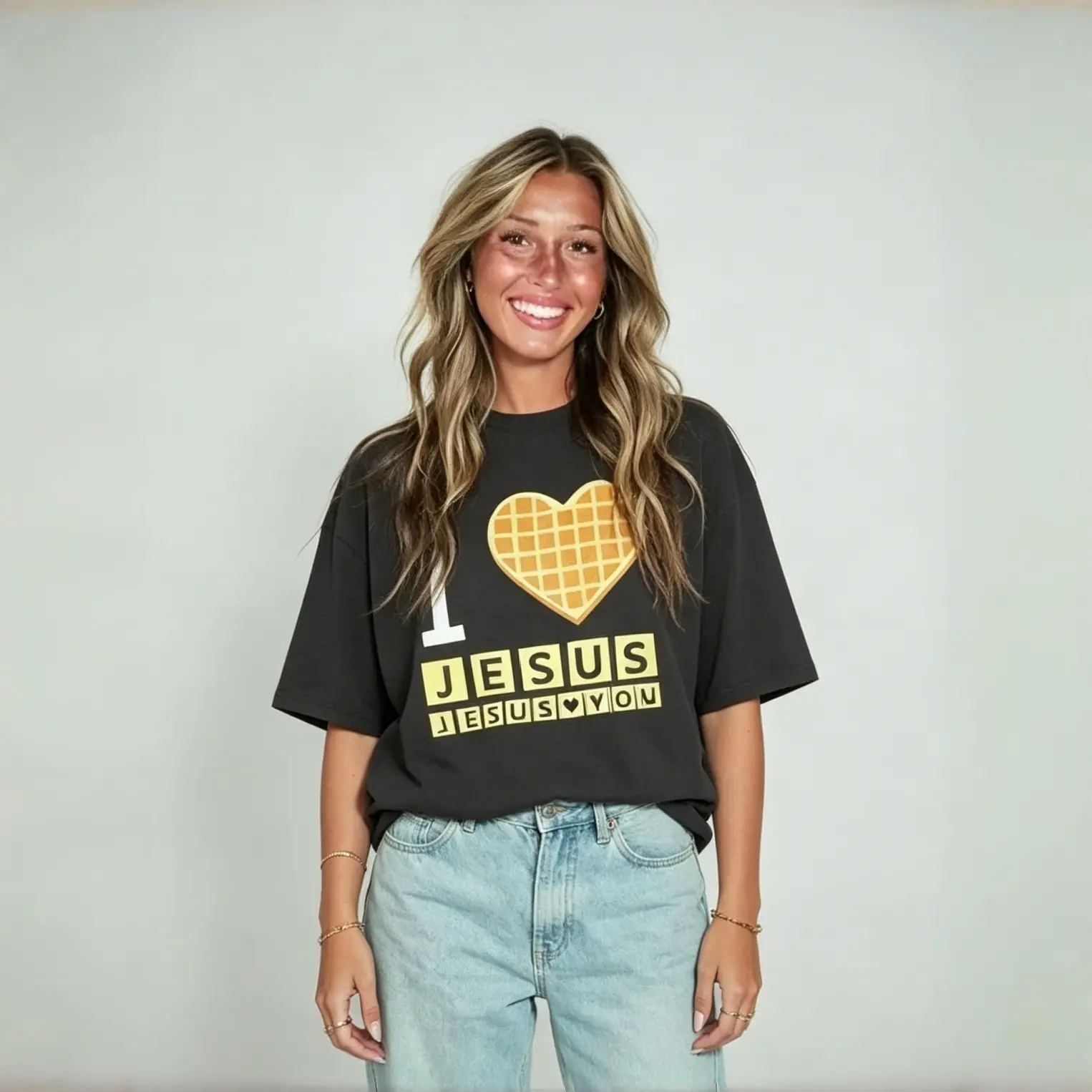 I Love Jesus Waffle Heart Jesus Loves You Matching Couple T Shirts, Funny Christian Breakfast Faith Oversized Tee For Men Women