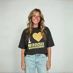 I Love Jesus Waffle Heart Jesus Loves You Matching Couple T Shirts, Funny Christian Breakfast Faith Oversized Tee For Men Women