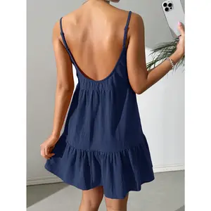 Summer sexy navy blue backless spaghetti strap flowy slip dress sun dress flowery backless mini dress vacation beach dresses
