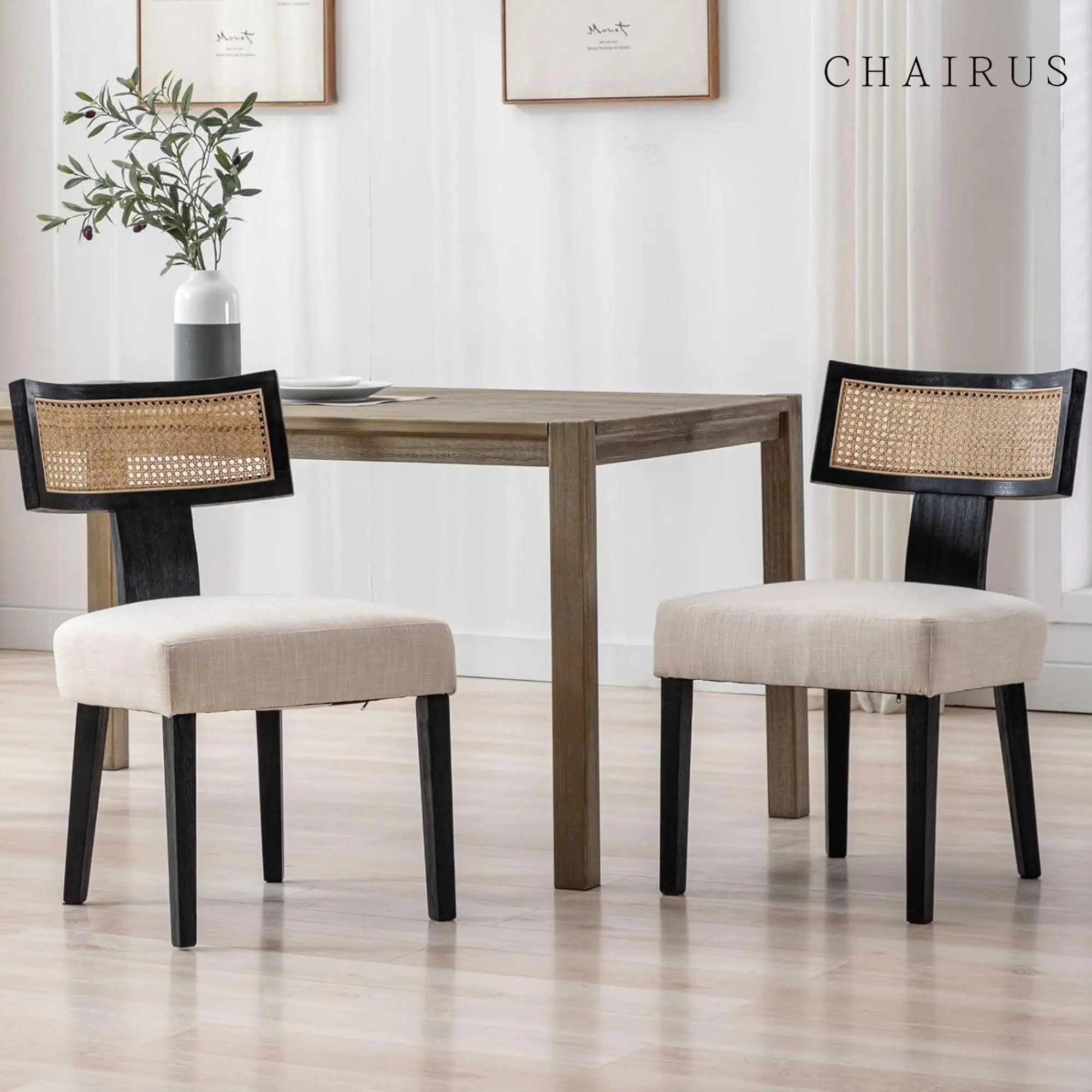 CHAIRUS  Rattan Dining Chairs Set of 2, Mid Century Modern Dining Chairs ,Linen Upholstered Dining Chairs with Rattan Back Wood Legs,  Farmhouse Linen Kitchen Chairs with Cane Curved Back Armless Solid Wood Dining Chairs, Beige,summerv