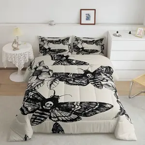 Feelyou Gothic Microfiber Bedding Set - King Size Black Cream Quilt Set with 3D Skull Graphic, Decorative Death Moth Flowers, Breathable Skeleton Duvet for Gothic Romantic, Horror Theme Styling, Gothic Romantic Duvets