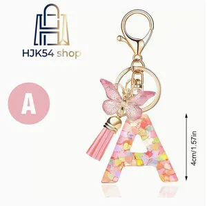 Initial Letter Keychain, Glitter Heart Sequin Resin Keyring with Pink Butterfly & Tassel, Cute Personalized Bag Charm, Perfect Gift for Girls & Women
