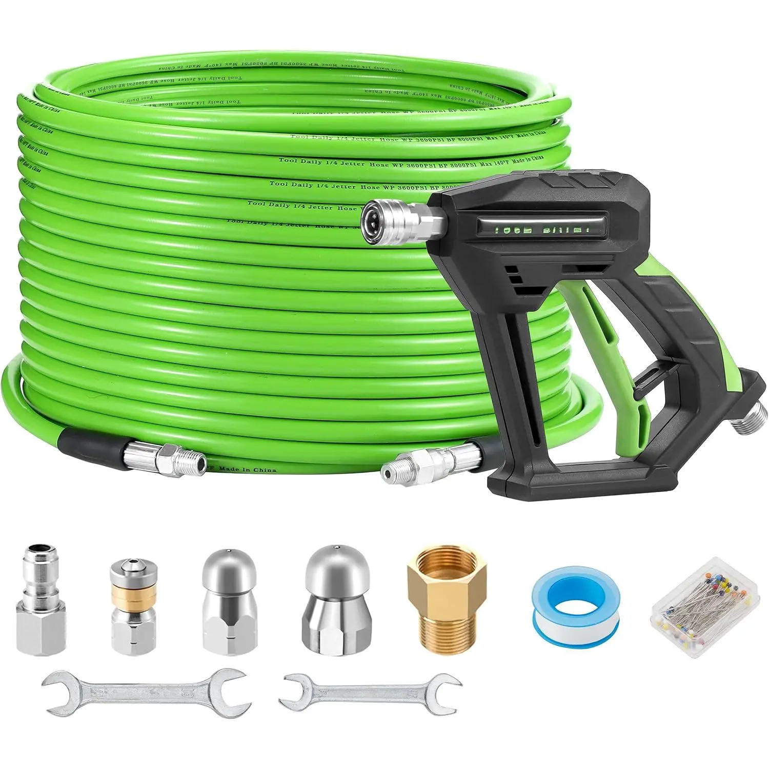 Sewer Jetter Kit  Pressure Washer 100 FT, Short Power Washer Gun, Drain Cleaner Hose 1/4 Inch NPT, Corner, Rotating and Button Nose Sewer Jetting Nozzle, 3600 PSI