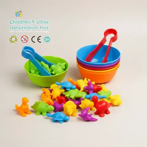 Counting Dinosaur Rubber Sensory Toys, Shape Sorter, 1 Set Color Classification Game Toy, Color Sorting Bowl Preschool Learning Activity for Kids