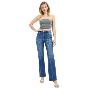 Risen High Rise Straight Patch Pocket Ankle Length Front Seamed Jeans PS21747