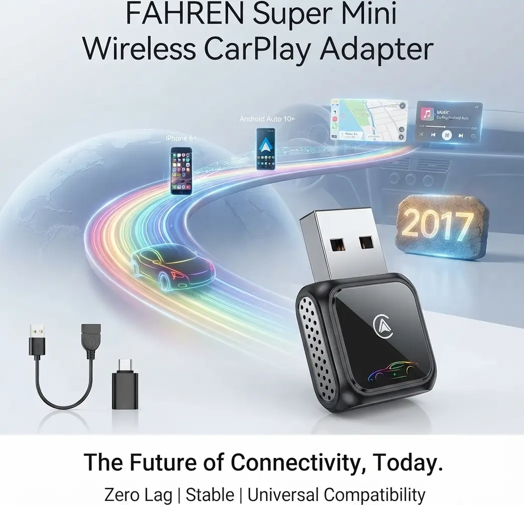 FAHREN Super Mini Wireless CarPlay Adapter, 2025 New Upgrade Bluetooth Apple CarPlay Dongle, Zero Latency Stable Connection, Supports iPhone 6+ & Android Auto 10+, Fit for 2017+ Factory Wired CarPlay Cars, USB & Type-C Dual Port