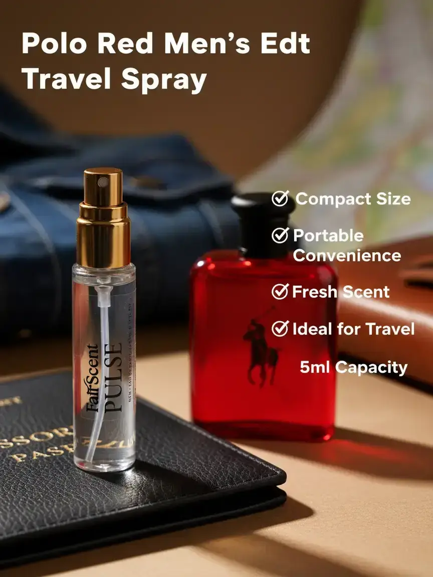 FairScent Pulse Men's Travel-Sized Fragrance Decant - 5ml Atomizer Eau de Toilette, Daily Wear Cologne with Woody, Grapefruit, Coffee Scents, Polo Red, Cedarwood